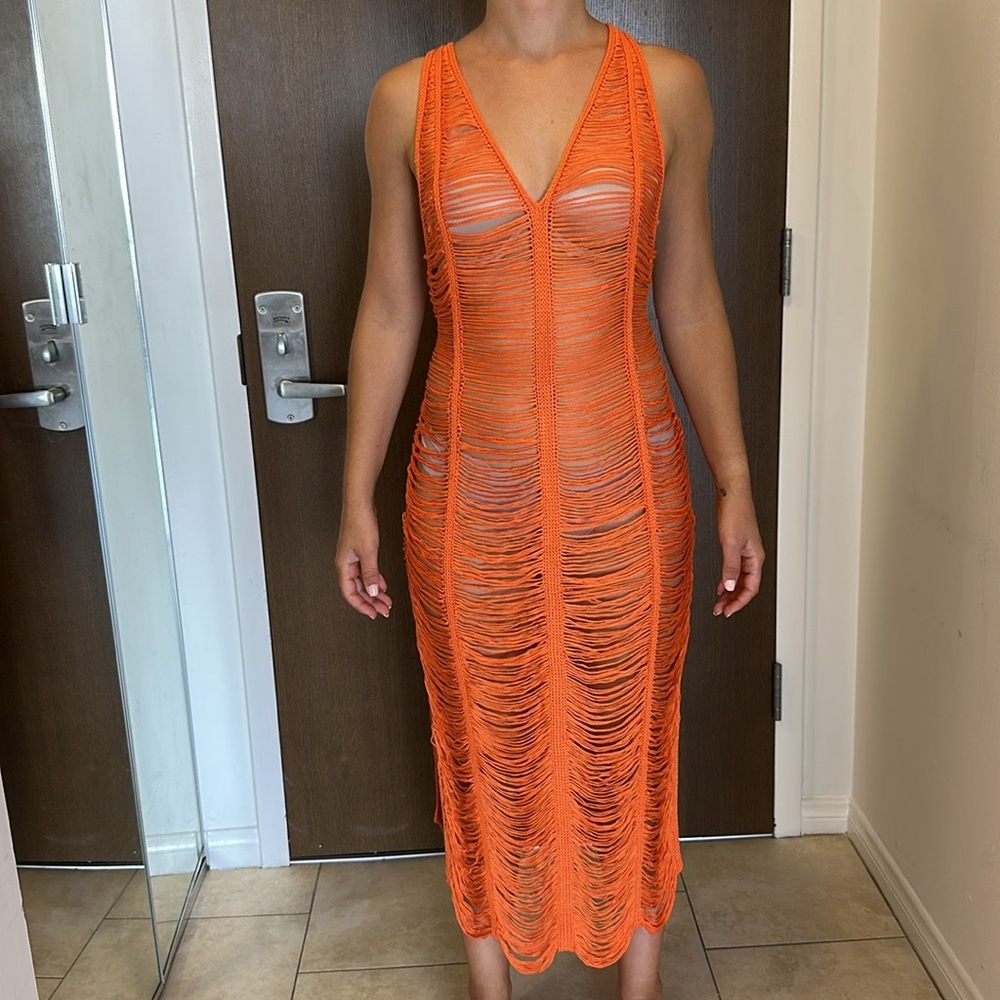 Tuluminati Orange V Neck Knit Midi Dress Braided CrissCross Back